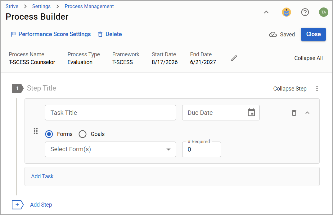 Process Builder interface showing task management options for a T-SCESS Counselor process.